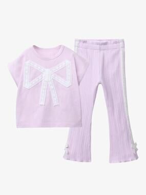 Zara Lace Ribbon Bow Tee and Side Stripe Tie Flare Pants, Size 5 (110 cm), Mauve